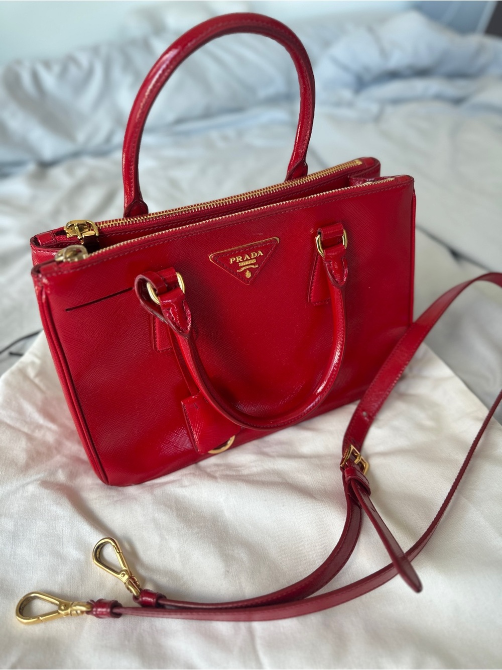 Prada Red Saffiano Satchel with Gold Hardware
